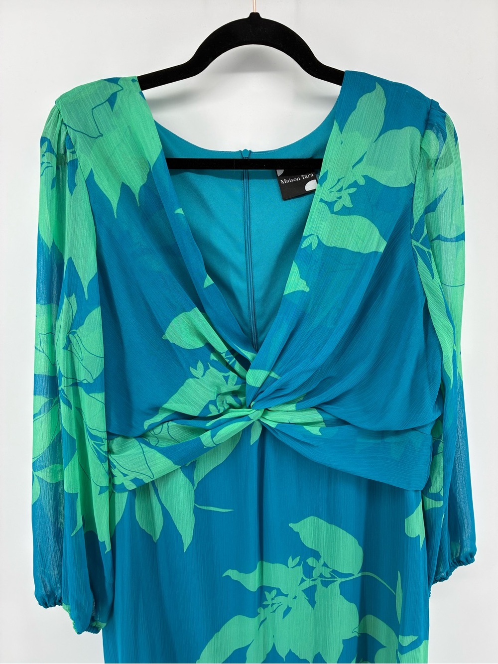 Maison Tara Tropical Long Sleeve V-Neck Knot Front Empire Waist Maxi Dress - Picture 2 of 10